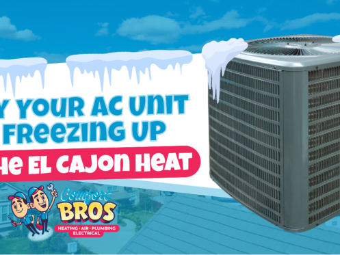 An air conditioning unit with icicles is shown next to text discussing why AC units freeze up in El Cajon heat, with the Comfort Bros logo at the bottom.