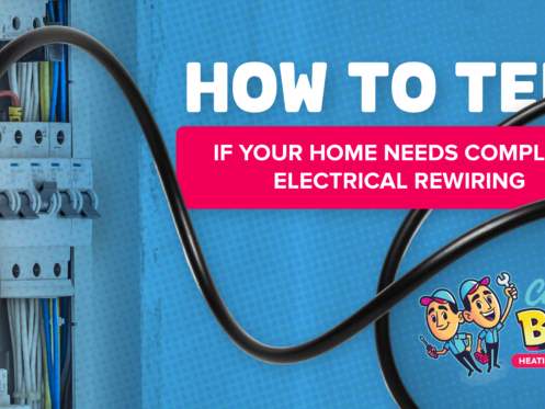 An electrical panel with wires and a banner reading “How to tell if your home needs complete electrical rewiring” from Comfort Bros Heating, Air, Plumbing.