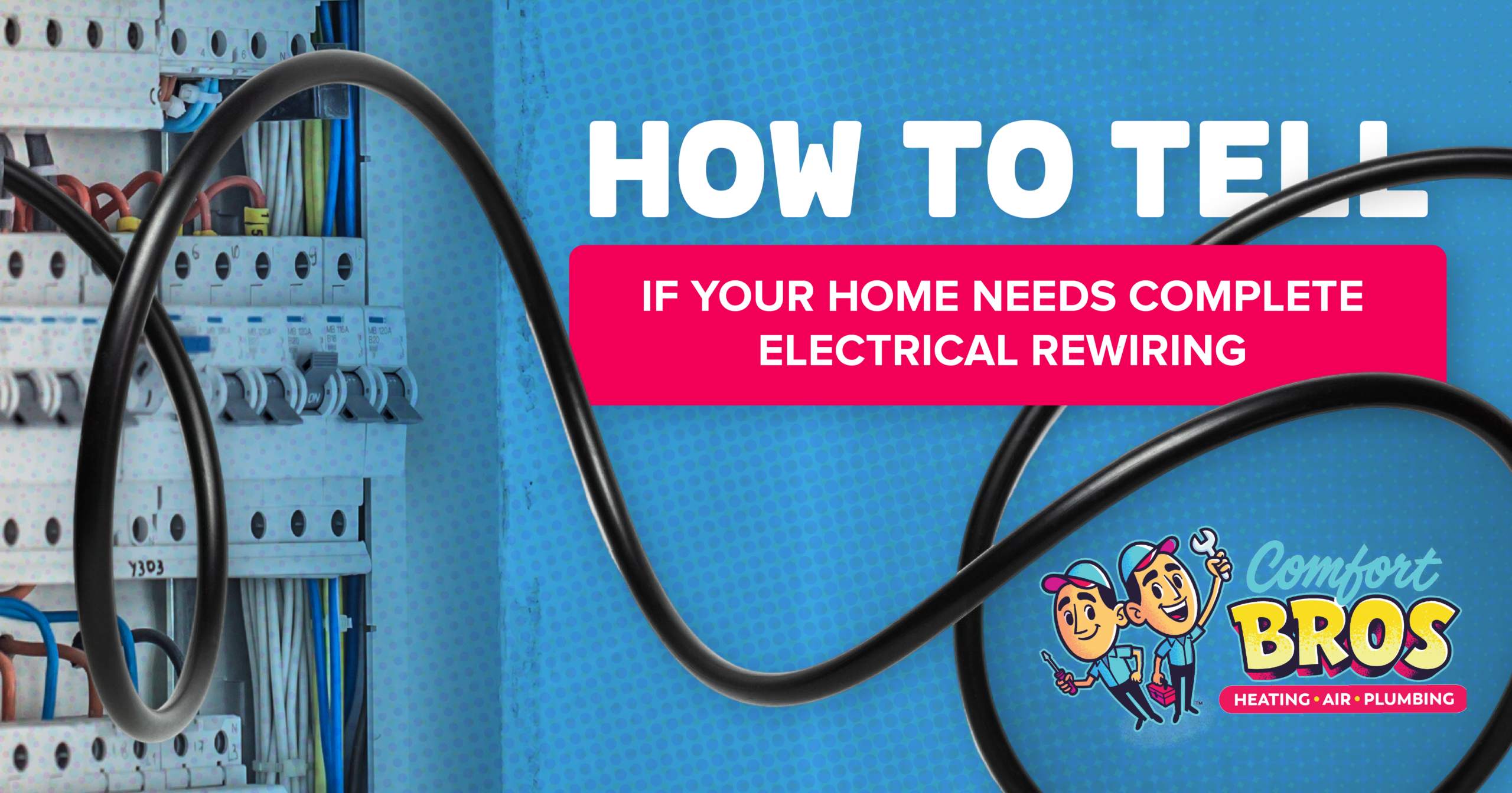 An electrical panel with wires and a banner reading “How to tell if your home needs complete electrical rewiring” from Comfort Bros Heating, Air, Plumbing.