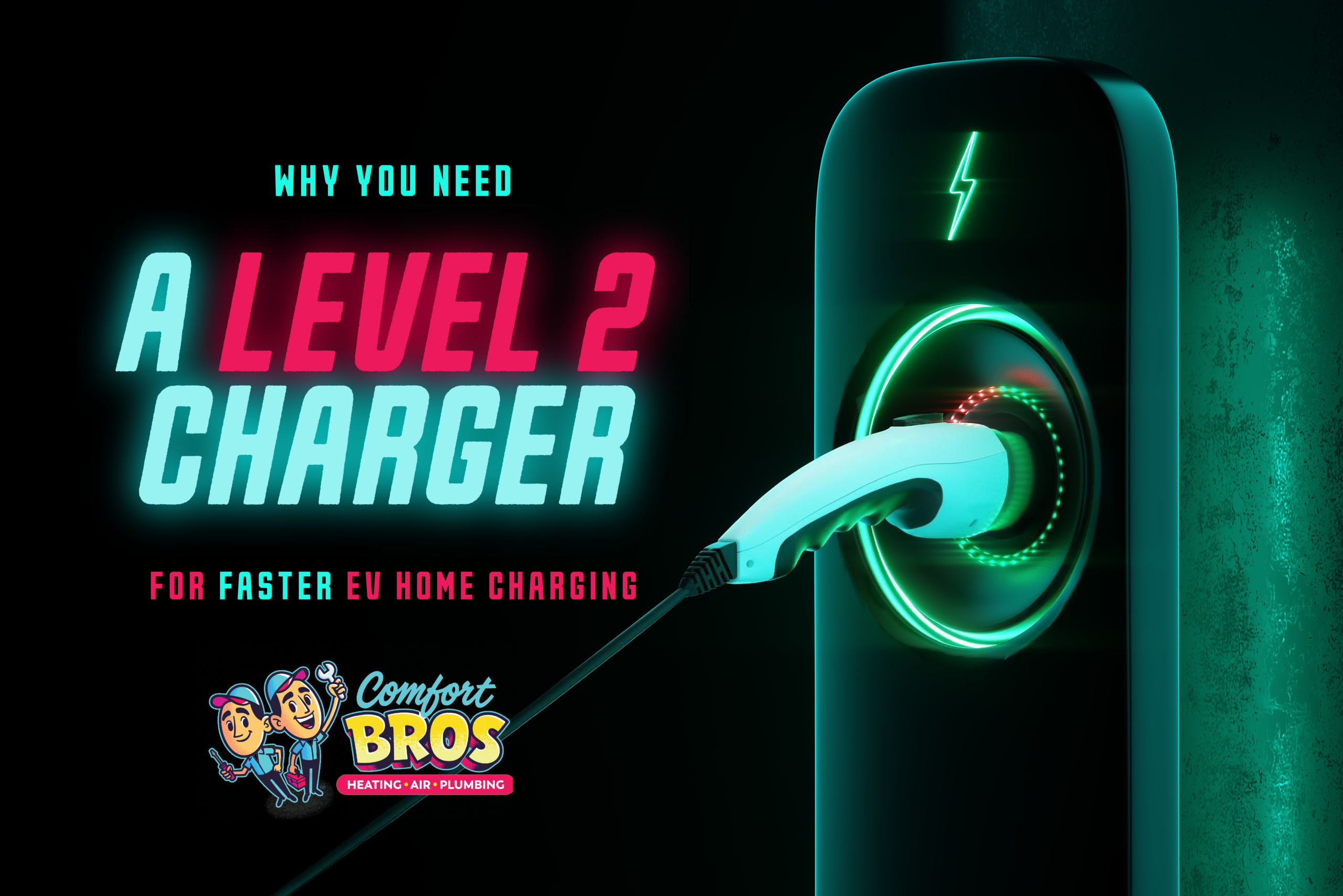 A white EV charging cable plugged into a sleek Level 2 charger, with neon text promoting faster home charging by Comfort Bros Heating, Air, Plumbing.