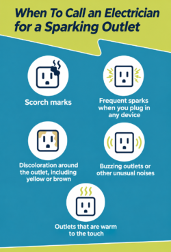 Infographic listing signs to call an electrician for a sparking outlet: scorch marks, frequent sparks, discoloration, buzzing noises, and outlets that are warm to the touch.
