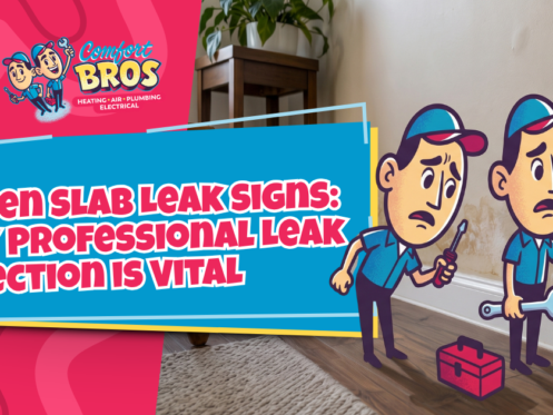 Two cartoon plumbers stand near a damaged wall with mold and water stains; text highlights the importance of professional leak detection for hidden slab leaks.