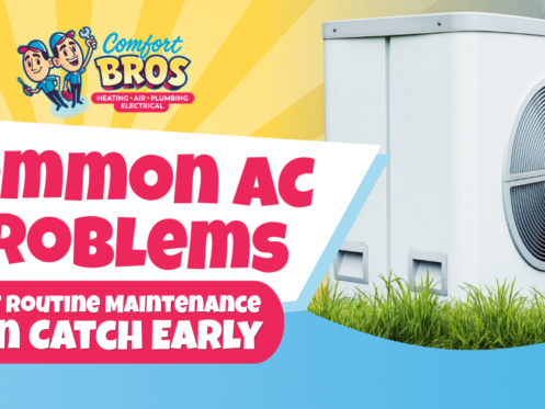 A residential air conditioning unit next to grass, with text about common AC problems that routine maintenance can catch early; Comfort Bros logo is visible.