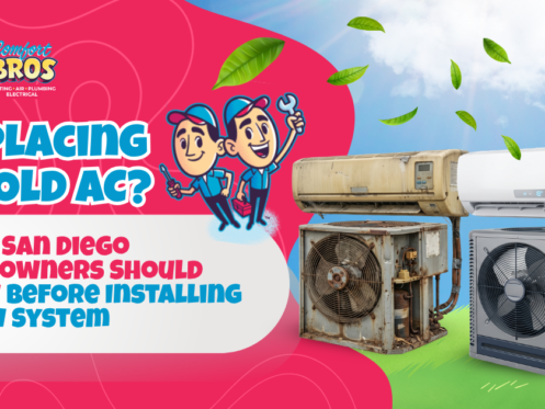A comparison of an old, rusty air conditioning unit and a new, modern unit with text about replacing an AC system for San Diego homeowners.
