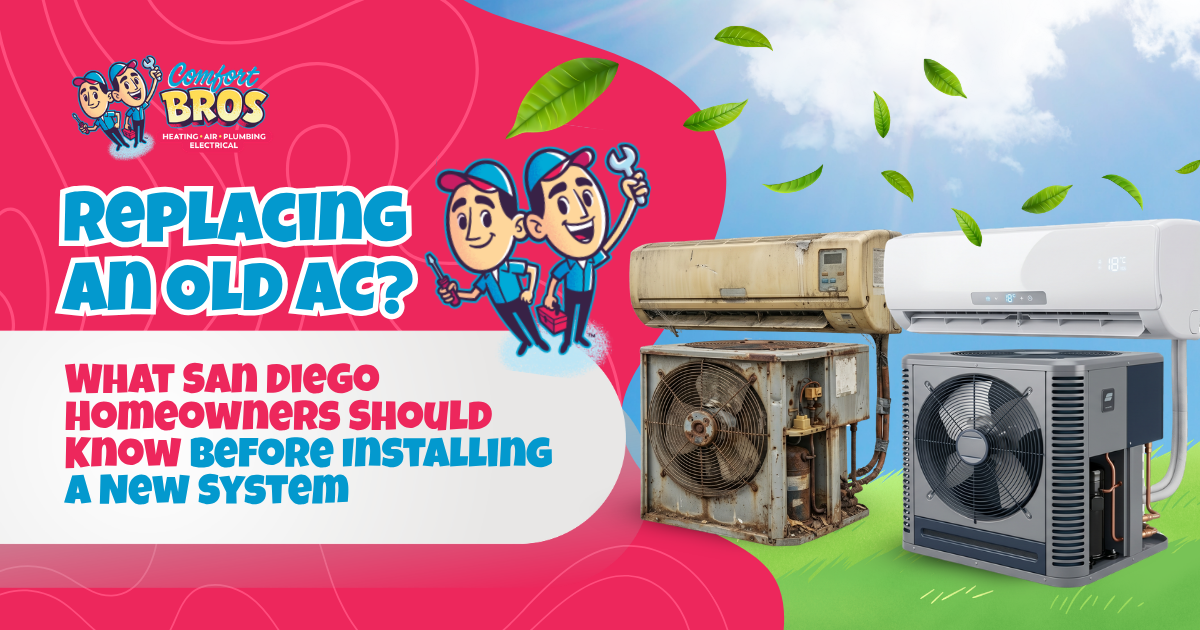 A comparison of an old, rusty air conditioning unit and a new, modern unit with text about replacing an AC system for San Diego homeowners.
