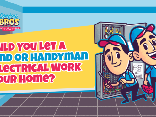 Two cartoon electricians work on an electrical panel in a home, with a banner reading, “Should you let a friend or handyman do electrical work in your home?”.