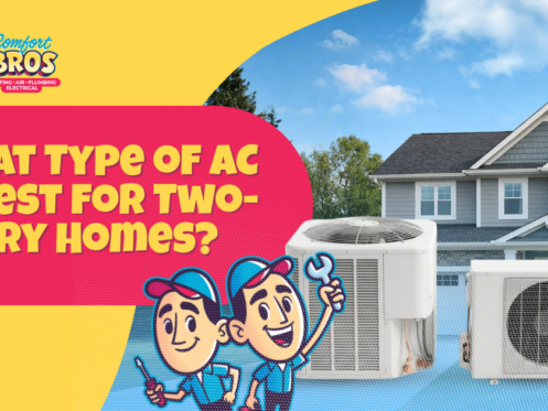 A graphic with the text "What type of AC is best for two-story homes?" shows two cartoon technicians, AC units, and a two-story house in the background.