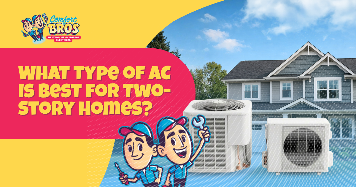 A graphic with the text "What type of AC is best for two-story homes?" shows two cartoon technicians, AC units, and a two-story house in the background.