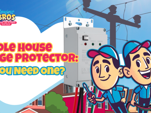 Two cartoon electricians stand by a house with a surge protector device, electric meter, and power lines. Text reads: "Whole House Surge Protector: Do you need one?.