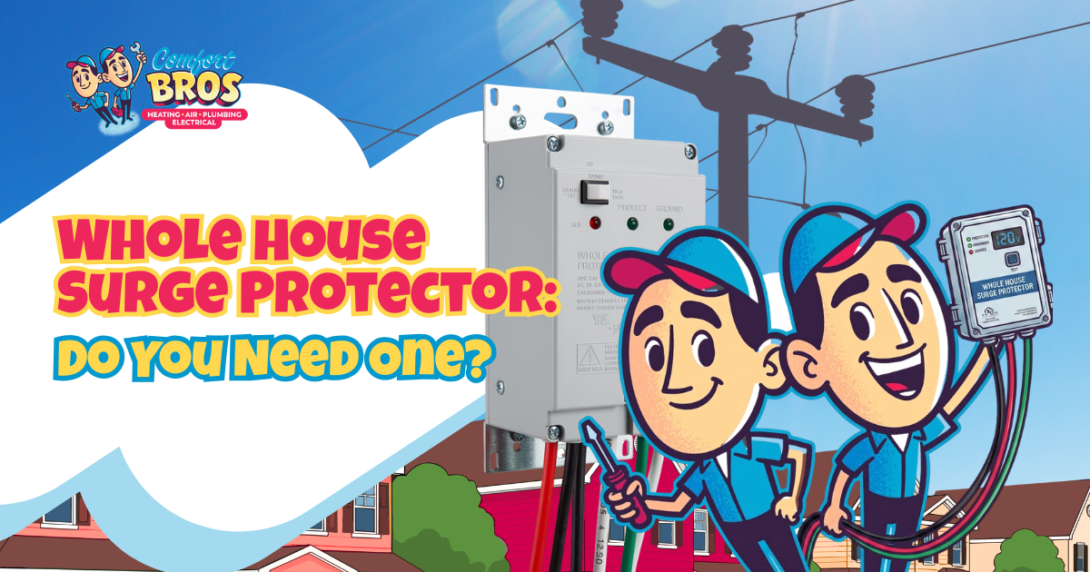Two cartoon electricians stand by a house with a surge protector device, electric meter, and power lines. Text reads: "Whole House Surge Protector: Do you need one?.
