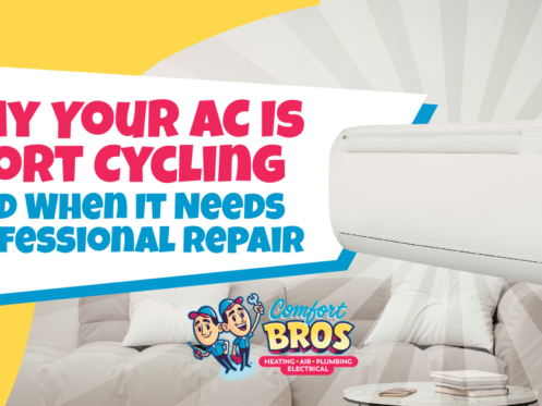 A wall-mounted air conditioning unit above a couch with text: "Why Your AC Is Short Cycling and When It Needs Professional Repair." Comfort Bros logo at the bottom.