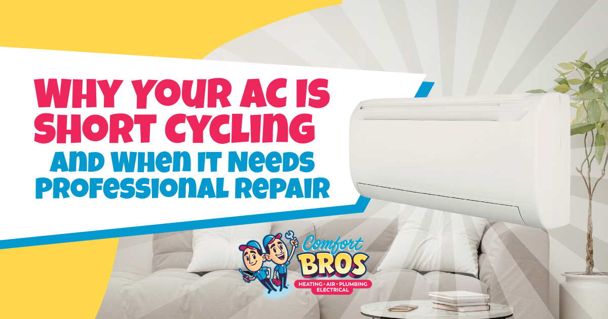 A wall-mounted air conditioning unit above a couch with text: "Why Your AC Is Short Cycling and When It Needs Professional Repair." Comfort Bros logo at the bottom.