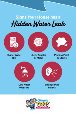 Infographic listing signs of a hidden water leak: higher water bill, musty smells or mold, peeling paint or stains, low water pressure, and strange pipe noises.