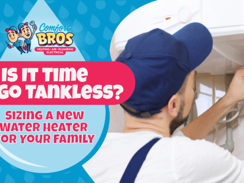A plumber installs a tankless water heater; text reads “Is it time to go tankless? Sizing a new water heater for your family” with Comfort Bros Heating-Air-Plumbing logo.