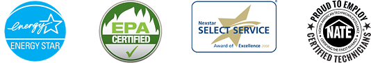 Four certification badges: Energy Star, EPA Certified, Nexstar Select Service Award of Excellence, and NATE Certified Technicians.