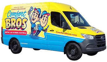 A yellow and blue Comfort Bros service van with cartoon technicians and company branding on the side.