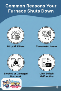 Infographic listing four reasons a furnace shuts down: dirty air filters, thermostat issues, blocked or damaged ductwork, and limit switch malfunction. Comfort Bros logo at the bottom.