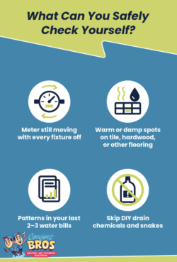 Infographic listing safe self-checks: watch meter movement, note warm/damp flooring, check water bill patterns, and avoid DIY drain chemicals and snakes.