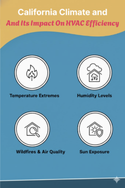 Infographic about California climate impacts on HVAC efficiency, showing icons for temperature extremes, humidity, wildfires & air quality, and sun exposure.