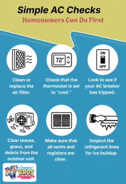Infographic listing six simple AC checks for homeowners: clean air filter, set thermostat to cool, check AC breaker, clear debris, ensure vents are clear, inspect refrigerant lines for ice.