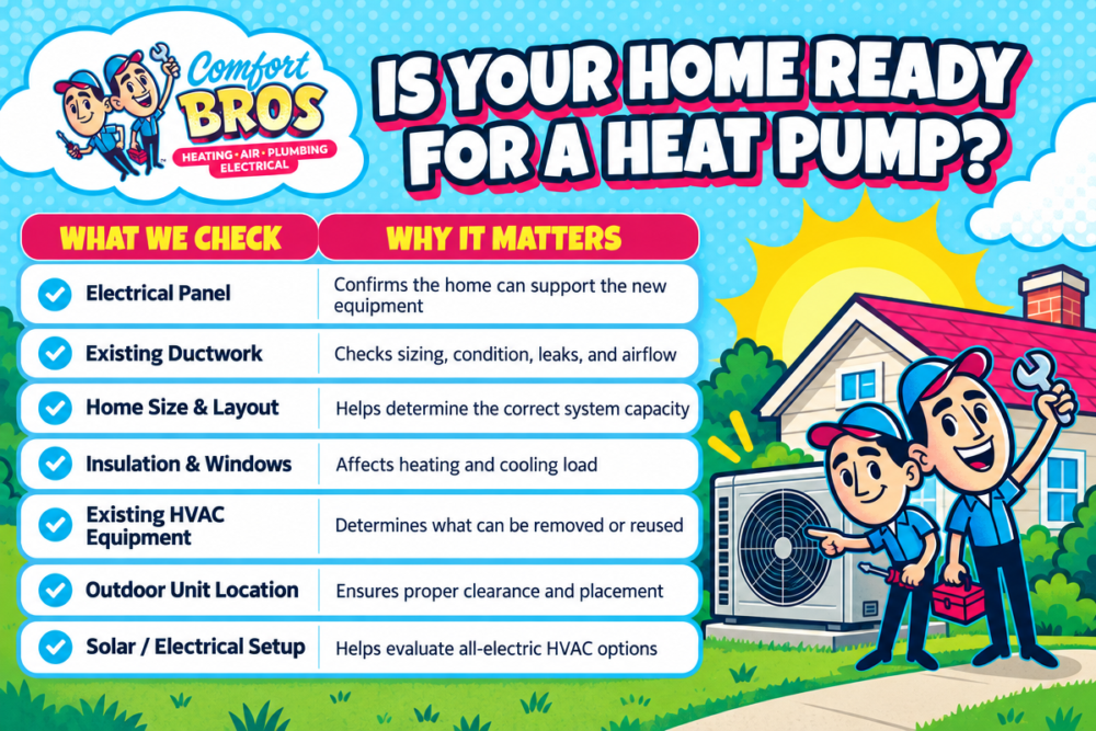 Infographic titled “Is Your Home Ready for a Heat Pump?” listing seven inspection points for HVAC installations, accompanied by illustrations of two service technicians.
