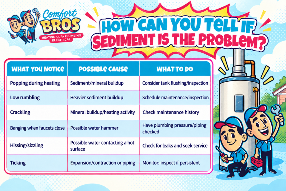Infographic titled “How Can You Tell If Sediment Is The Problem?” with a chart listing water heater noises, their causes, and recommended actions.