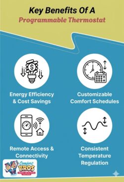 Infographic listing key benefits of a programmable thermostat: energy efficiency, customizable schedules, remote access, and consistent temperature regulation.