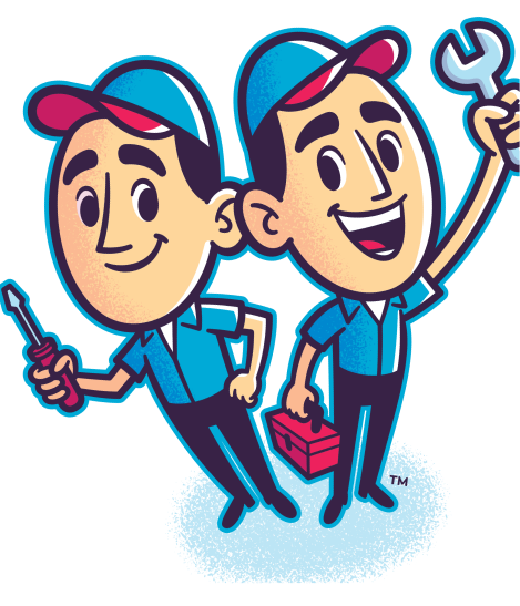 Cartoon illustration of two identical repairmen in blue uniforms, one holding a screwdriver and the other holding a wrench and toolbox, both smiling.