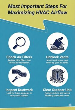 Infographic showing four steps to maximize HVAC airflow: check air filters, unblock vents, inspect ductwork, and clear outdoor unit. Each step has a corresponding icon.