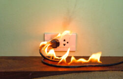 A power cord plugged into a wall outlet is on fire, with visible flames and burn marks on the cord.