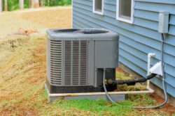 Outdoor central air conditioning unit next to a blue house, installed on a concrete slab with connected electrical and refrigerant lines.