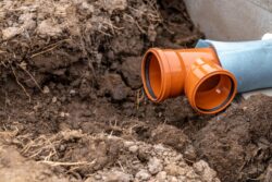 Close-up of an orange plastic Y-shaped drainage pipe partially buried in soil, with dirt piled around the opening.
